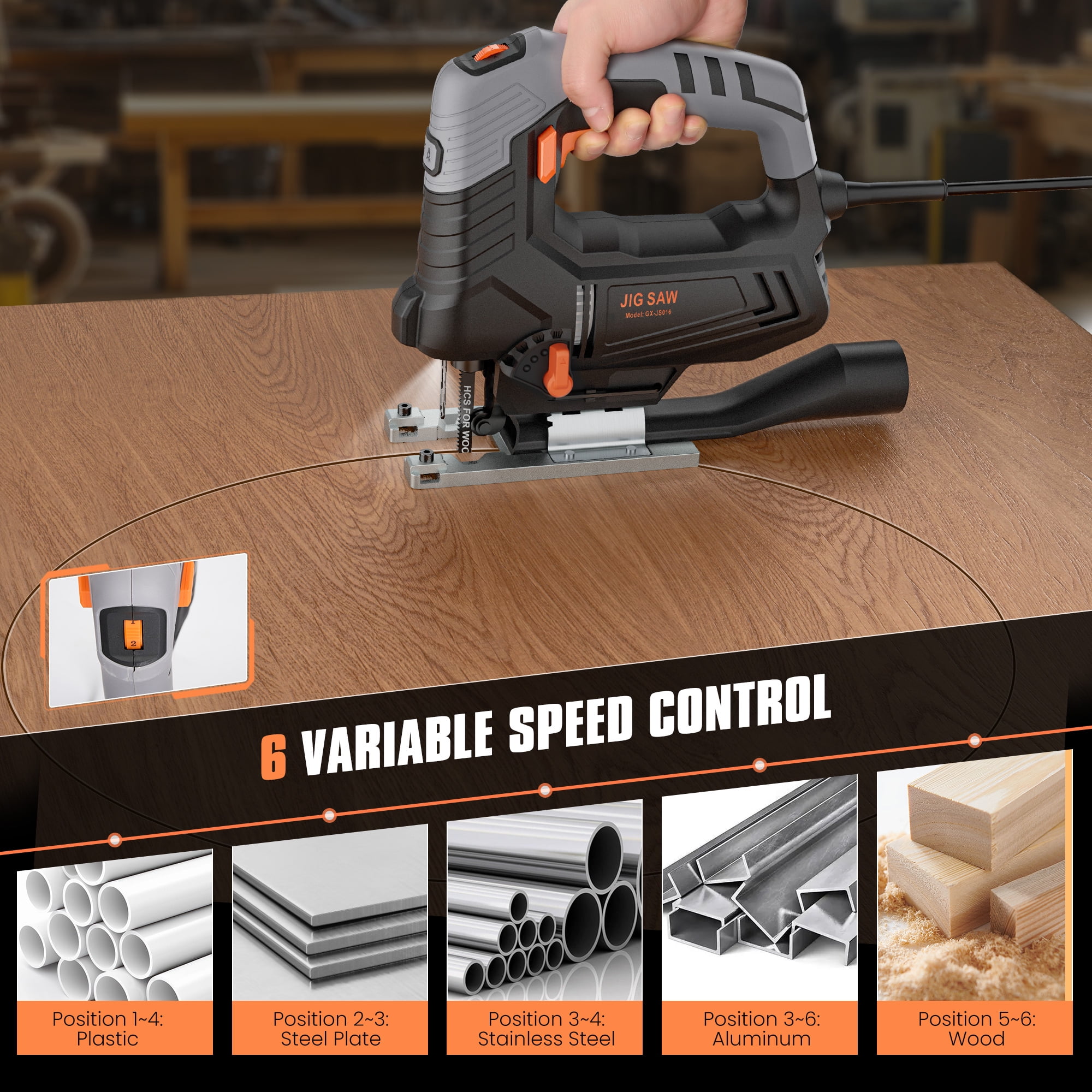 Naipo 800W 120V Variable Speed Jigsaw with 6.7A, 3000 RPM, 6-speed