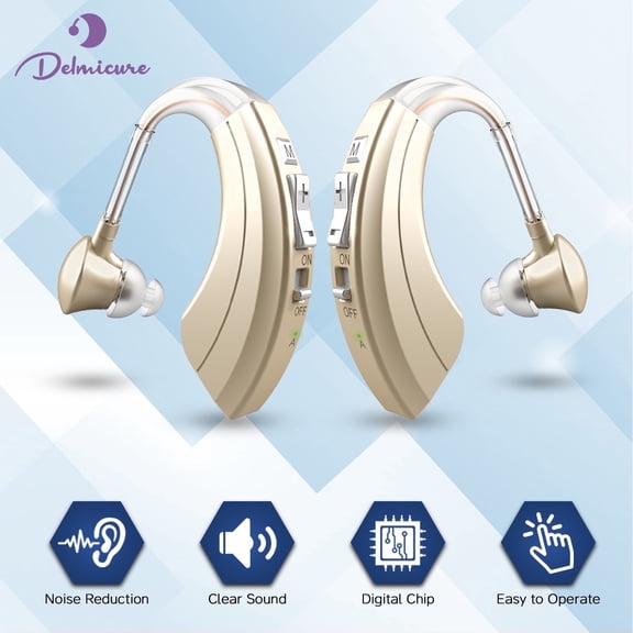 Delmicure Digital Hearing Aids, Rechargeable Hearing Aids for Seniors, Noise Reduction, Pair, VHP-1220AX, Gold