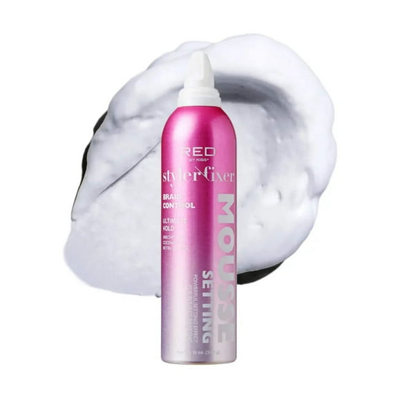 Red by Kiss Setting Mousse Braid Frizz Control, Curl Definition, Shine, Maximize Volume, Ultimate Hold, Long Lasting, Non Sticky Creamy Foam Style Perfector (12 Ounces, Braid Perfector)