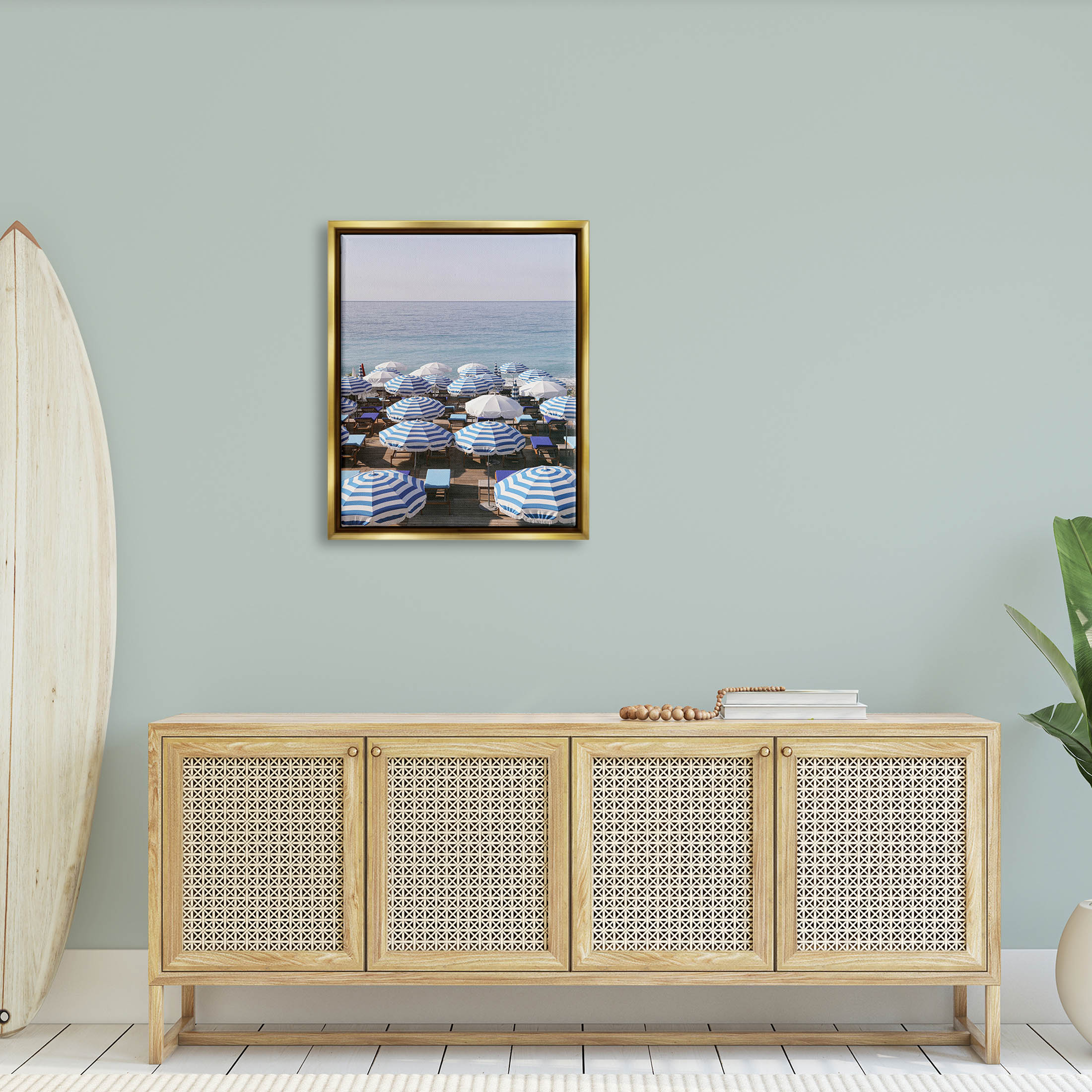Beach Umbrellas Clear Summer Sky Coastal Photograph Metallic Gold Framed Art Print Wall Art
