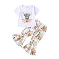 thumbnail image 2 of Toddler Baby Girls Cow Print Bell Bottoms Outfits Short Sleeve T Shirt Tops Cowgirl Summer 2Pcs Sets (Cow Flower White, 3-4 Years), 2 of 9