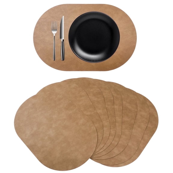 Waterproof Table Mats,Heat Resistant Oval Placemats Set of 8 Washable 12 x 17 inch,Wipeable Place Mats for Kitchen,Dining Room,Light Brown