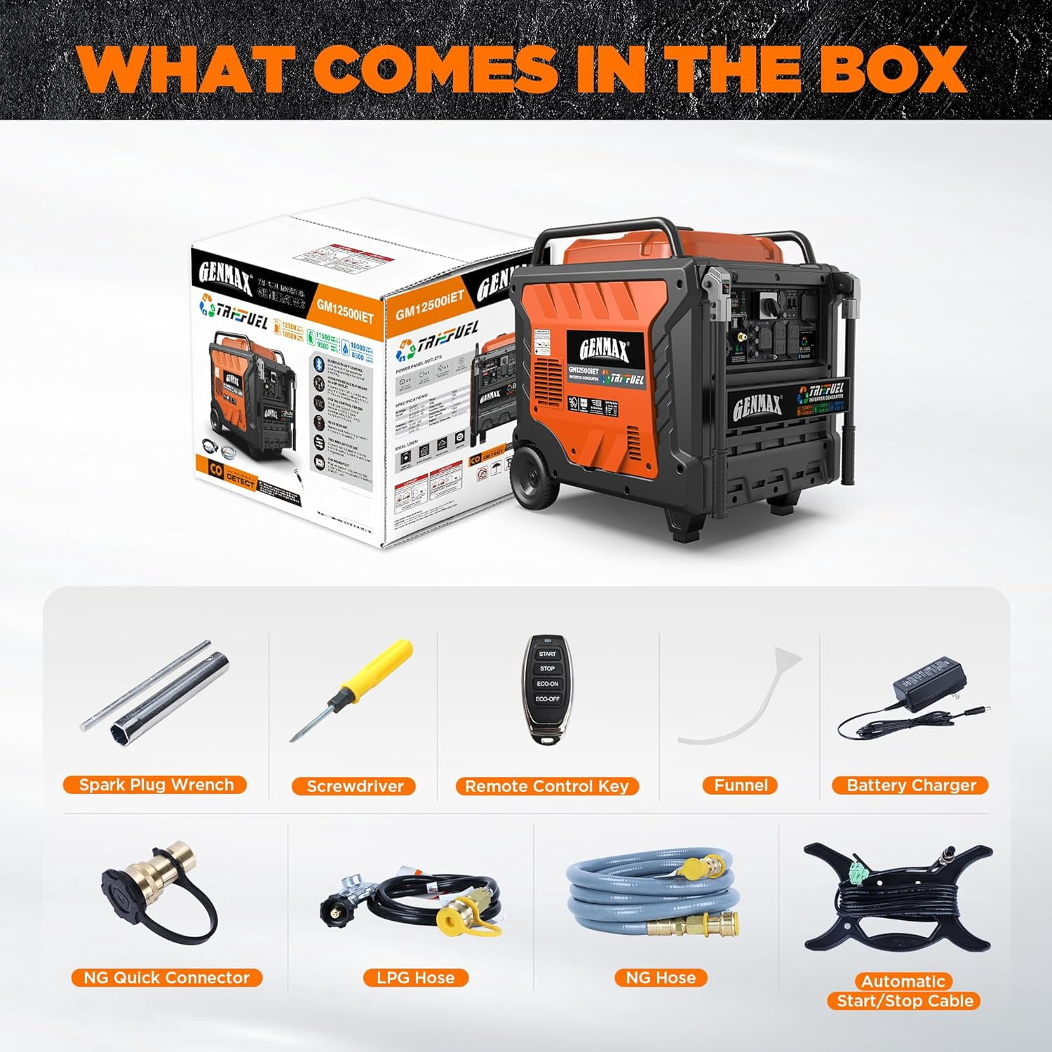 GENMAX 12500W Tri-Fuel Inverter Generator 2026 Model - Quiet Operation, Bluetooth & CO Shield, 50A Outlet, 2-Wire Auto Start - EPA Compliant, Ideal for Home Backup, RV, Camping