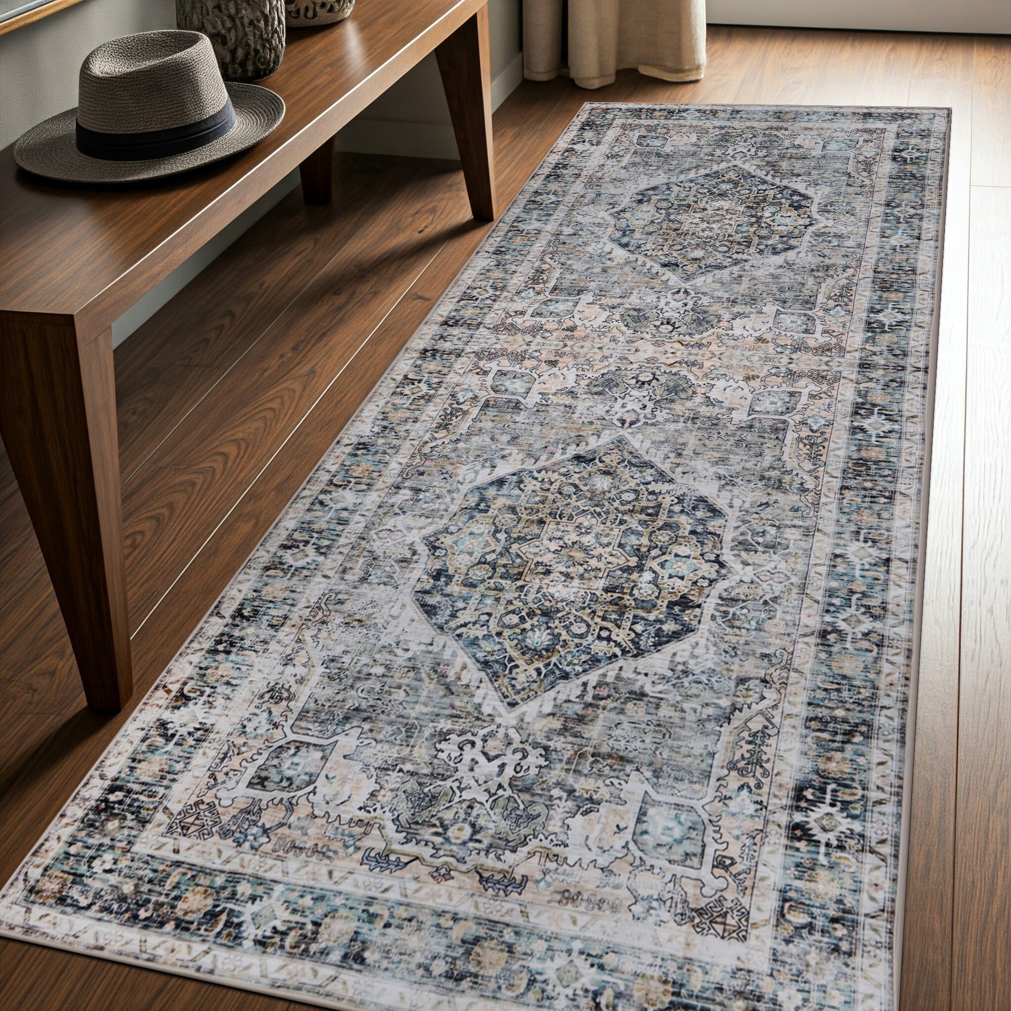 Delara 2.5'x10' Machine Washable Area Rug, Soft & Durable, Non-Slip, Stain Resistant, Antique Mist, for Bedroom, Living & Dining Room