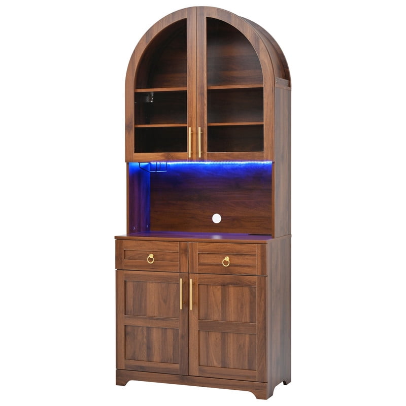 Arched Kitchen Pantry Cabinet with LED Light & Charging Station, Farmhouse Storage Hutch with 2 Drawers, Adjustable Shelves, Glass Doors, Coffee Bar Cabinet for Kitchen, Dining Room