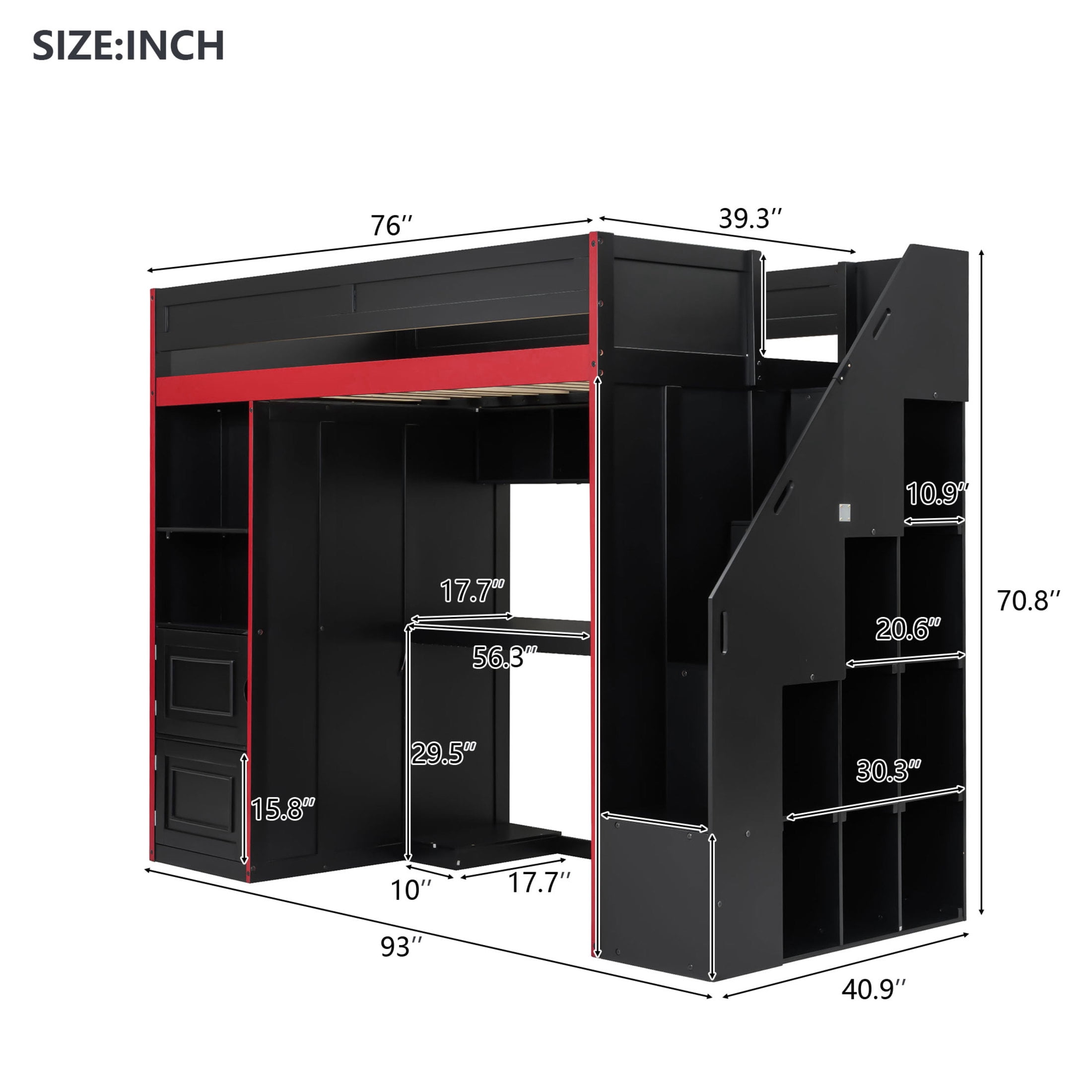 Noble House Mira Twin Gaming Loft Bed, Desk with Storage Locker & LED Lights, Solid Wood Frame, Black and Red