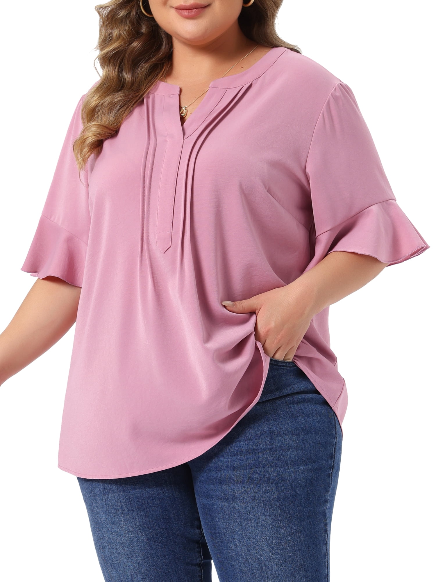 DARING DIVA Women's Plus Soft Top V Neck Ruffle  Casual Chiffon Blouse Shirt 3X Pink