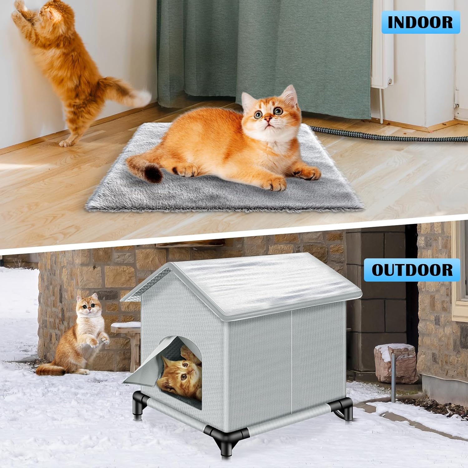 XZKING Insulated Heated Cat House for Outside Winter, Outdoor Indoor Cat Shelter with Heater Pad , Kitty Weatherproof Cat House, Insulated Cat House