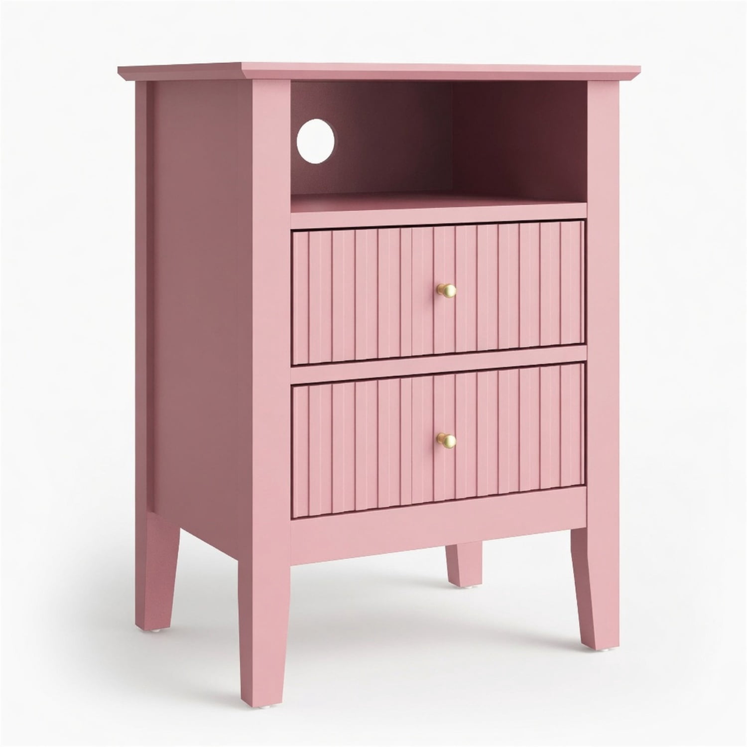 Hommoo 18"W Wooden Fluted Nightstand Set of 2, with 2 Drawers & Open Shelf, Modern Bedroom Sofa Side Table, Pink