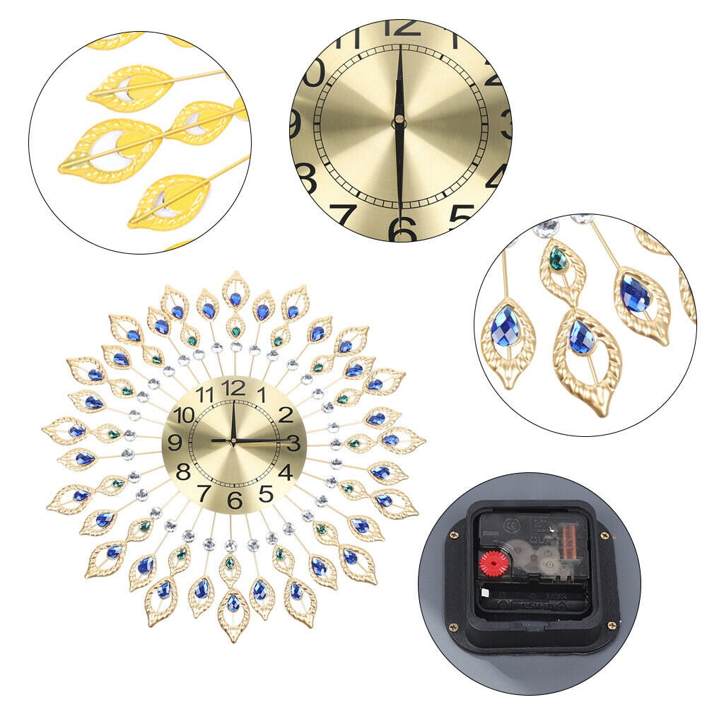 DENEST 26.4 in Gold Luxury Peacock Large Wall Clock 3D Metal Living Room Watch Home Decor