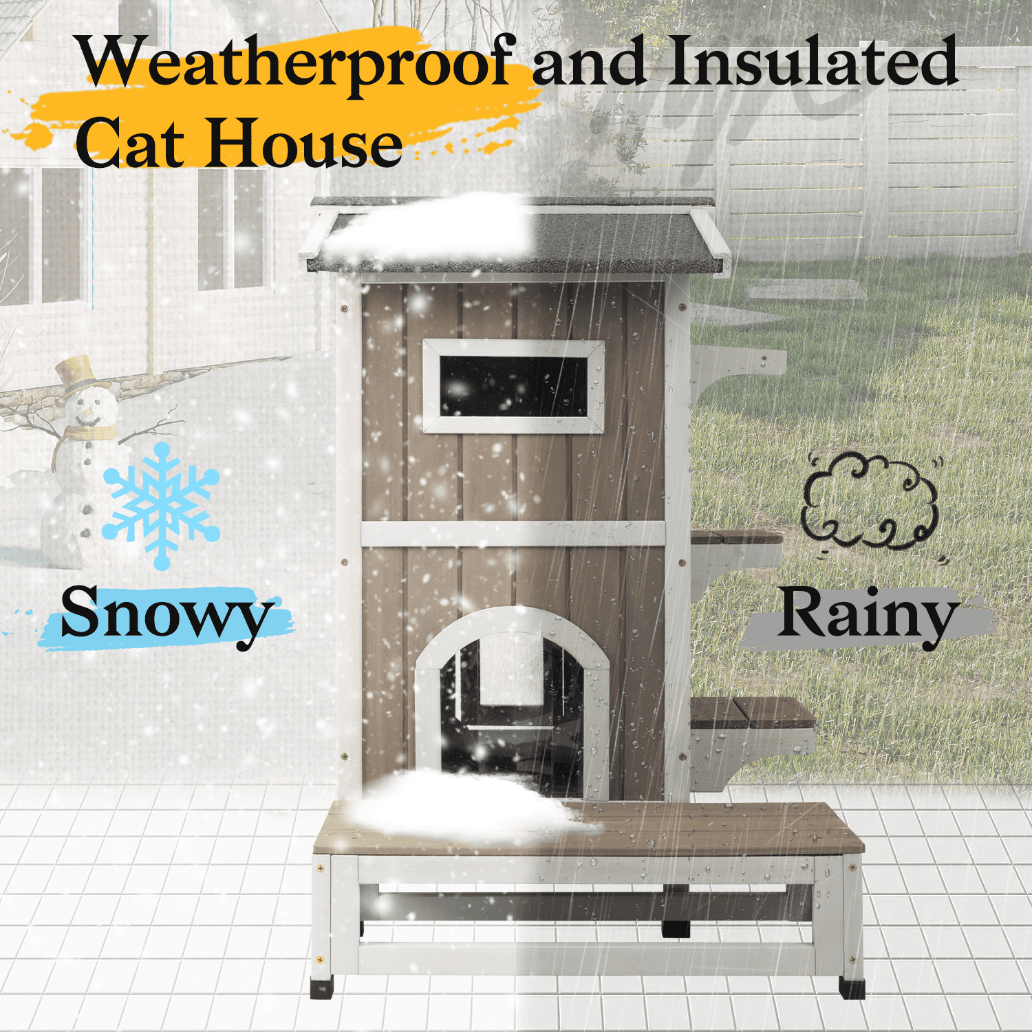 PETSCOSSET Insulated Outdoor Cat House Two-Story Thermal Cat Shelter with Platform