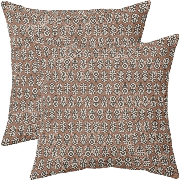 Brown Floral Pillow Covers 18x18 Set of 2 Rustic Old Style Block Print Outdoor Decorative Throw Pillows Farmhouse Vintage Flowers Pillowcases Decor for Home Sofa Couch Bed