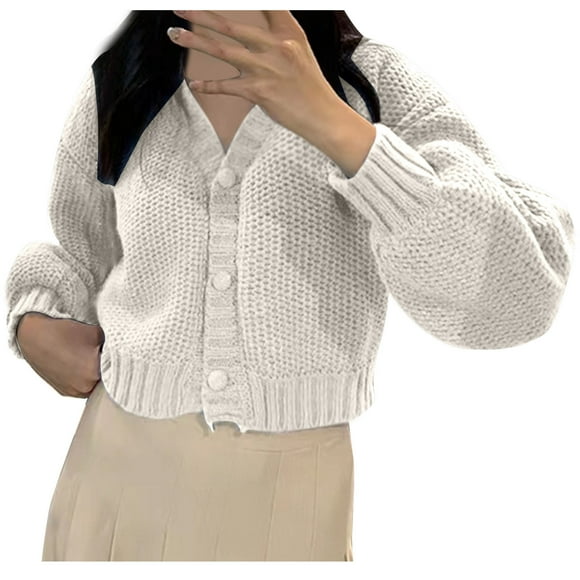 AherBiu Cropped Cardigan Sweaters for Women Lightweight Chunky Knit Sweater Trendy Casual Button down Outerwear
