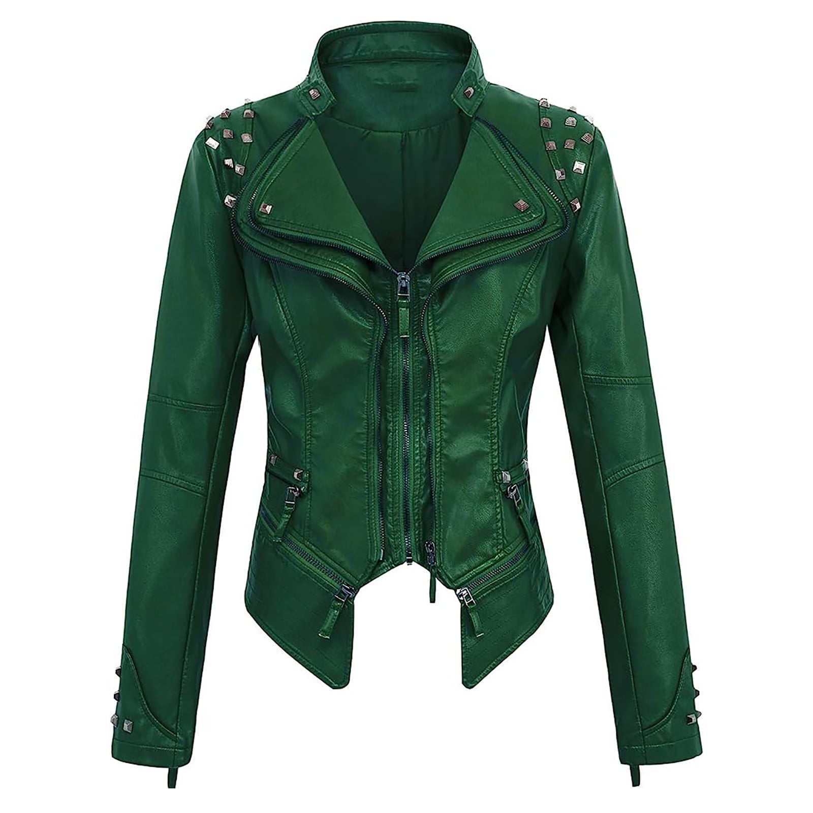 Feancey Womens Faux Leather Biker Jacket Slim Fit Fashion Studded Moto Coats Full Zip Lightweight Windbreaker Outerwear with Pockets Green L