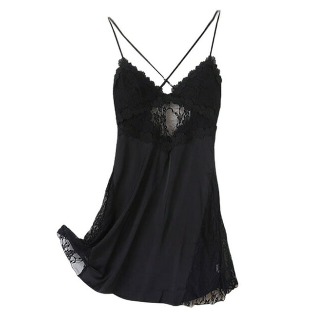 Gibobby Camisón corto de satén para mujer Día de San Valentín Camisón seda satinado acolchado con tirantes encaje sexy para mujer Ropa para el(Negro,XL)