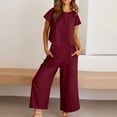 thumbnail image 3 of Jerdar Women Summer 2 Piece Lounge Matching Sets Solid Outfits Linen Round Neck Short Sleeve Tops Long Pants Tracksuits Suit Wine S, 3 of 4