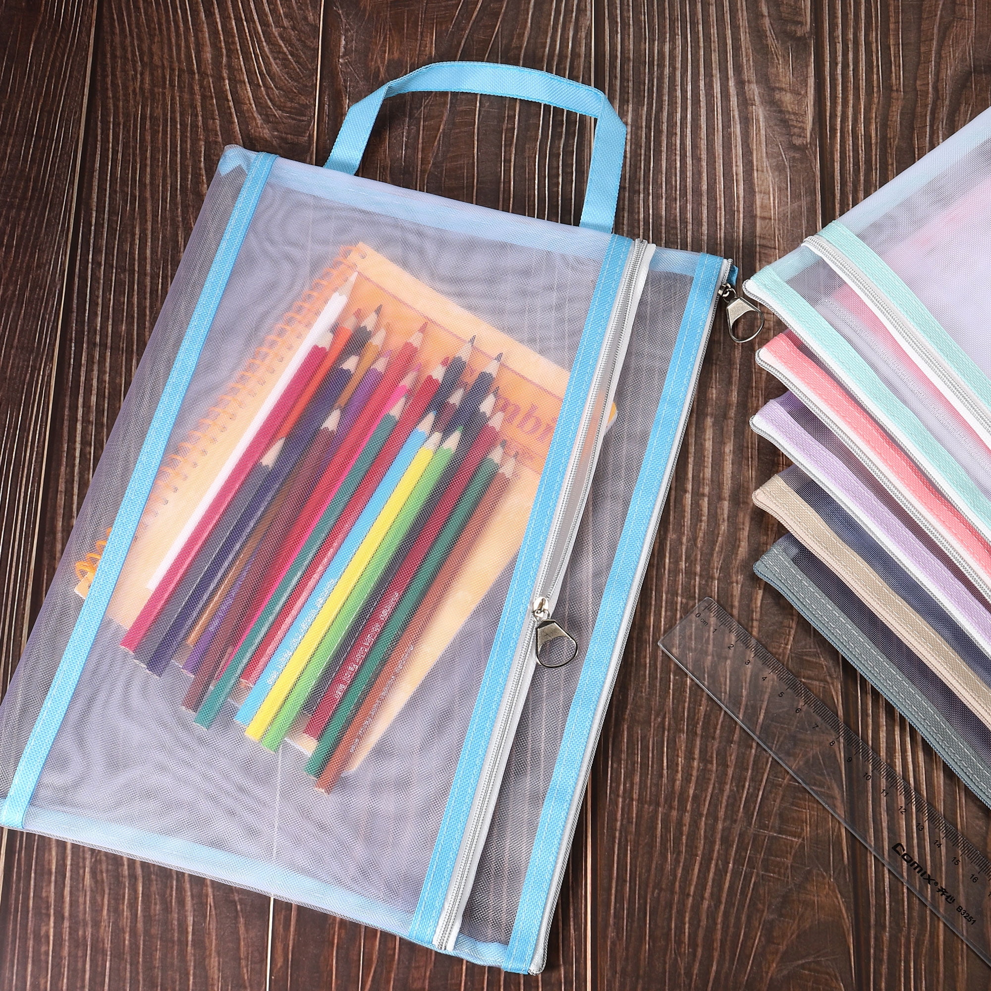 Unique Bargains Nylon Document Zip Pouch with Handle Mesh Clear Files Bag Khaki1 Pcs