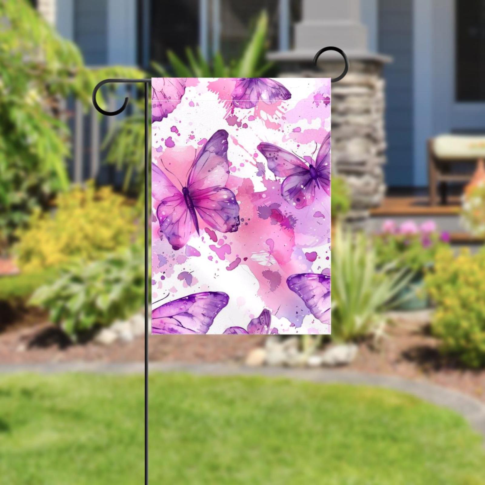 Welcome Pink and Lilac Butterflies Seamless Garden Flag, Vertical Double Sided Small House Flag, Yard Farmhouse Outdoor Deck Veranda Lawn Decor 28x40 Inch