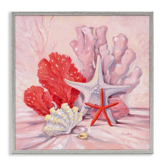 Stupell Industries Traditional Pink Shells Coral Still Life Gray Framed Giclee Art, 12 x 12, by Paul Brent