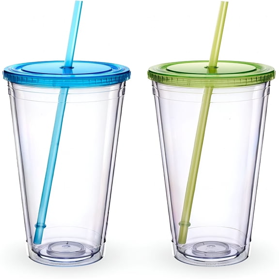 BPPEG Clear Acrylic Tumbler with Straw and Lid 32 oz,Double Walled Insulated Reusable Plastic Iced Coffee Cup,To Go Cup Perfect for Parties,Birthdays,Fit in Cupholder,BPA Free,2 Pack