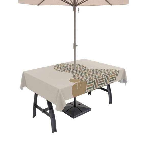 Outdoor Tablecloth with Umbrella Hole for Patio/Picnic/Party/Camping, Beige Gourd Waterproof Table Cloth Rectangle Table Cover Washable, Modern Abstract Art Geometric (52"x 70")
