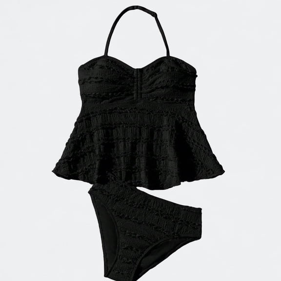 Ticikt Girls Tankini Swimsuit, 2 Piece Ruffled Halter High Waist Bathing Suit for 7-16Y ,Black