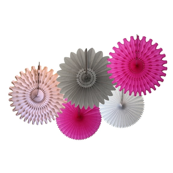 Devra Party Cerise, Gray, and White Large Tissue Paper Fan Decorations, 13 and 18 Inches (5 Piece)