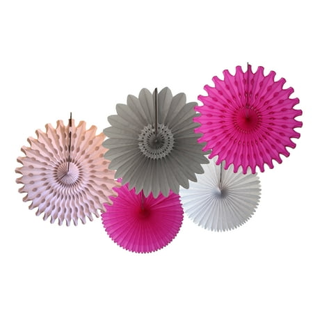 Devra Party Cerise, Gray, and White Large Tissue Paper Fan Decorations, 13 and 18 Inches (5 Piece)