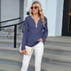 thumbnail image 5 of Camisetas de Larga A Rayas para Mujer, Informales, con Cuello en V, Bloques de Color, Corte Holgado, Básicas. Tiras Azul Marino S, 5 of 10