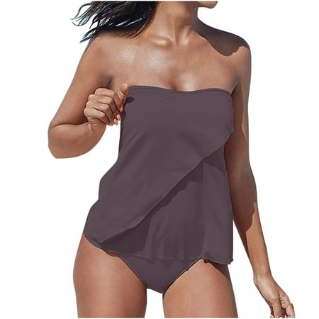 Dezsed Two Piece Bandeau Tankini Swimsuits for Women Loose Blouson Swim Top with Bikini Bottom Tummy Control Bathing Suits Swimwear Clearance Coffee L