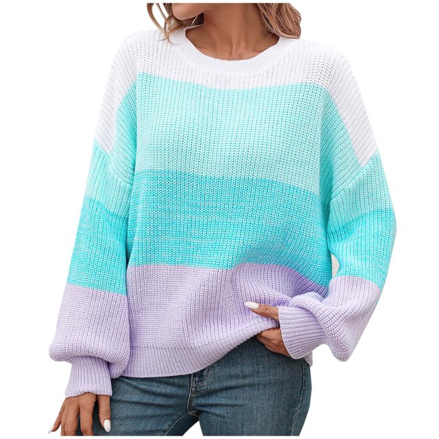 Yuyuzo Pull de Mode pour les Femmes Col Rond Manches Longues Lanterne Pull-Over Couleur-Bloc Patchwork Ample Tops