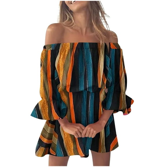 Henpk Summer Dresses for Women Striped T Shirt Dress Casual Midi Dress Short Sleeve Sundress with Pockets Fashion Summer Sexy Casual Off Shoulder Printing Bell Sleeve Dresses Blue XL