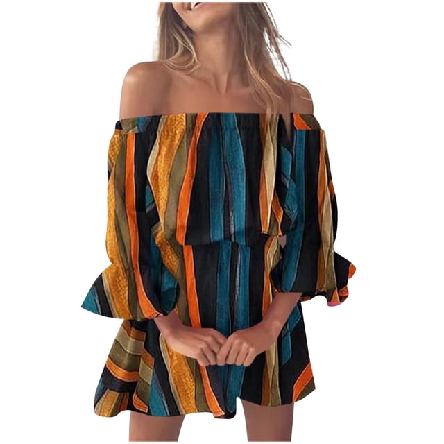 Robes d'Été pour Femmes Mode d'Été Aguichant Décontractée Épaules Dénudées Imprimé Manches Cloche Robes d'Été Décontractées Robes d'Été Décontractées Aguichant pour Femmes
