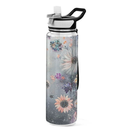 

32oz Transparent Sports Water Bottle with Straw BPA Free Tritan for Kids Adults Outdoor School Gym Fitness Featuring Floating Flowers
