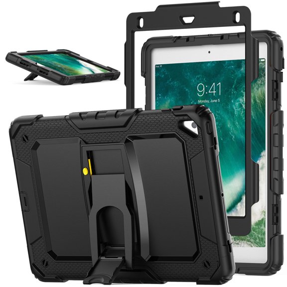 XYX for iPad 6th/5th Generation (9.7-inch, 2018/2017) Case, 3in1 Heavy Duty Shockproof Tablet Cover with Stand, Shoulder Strap, Black