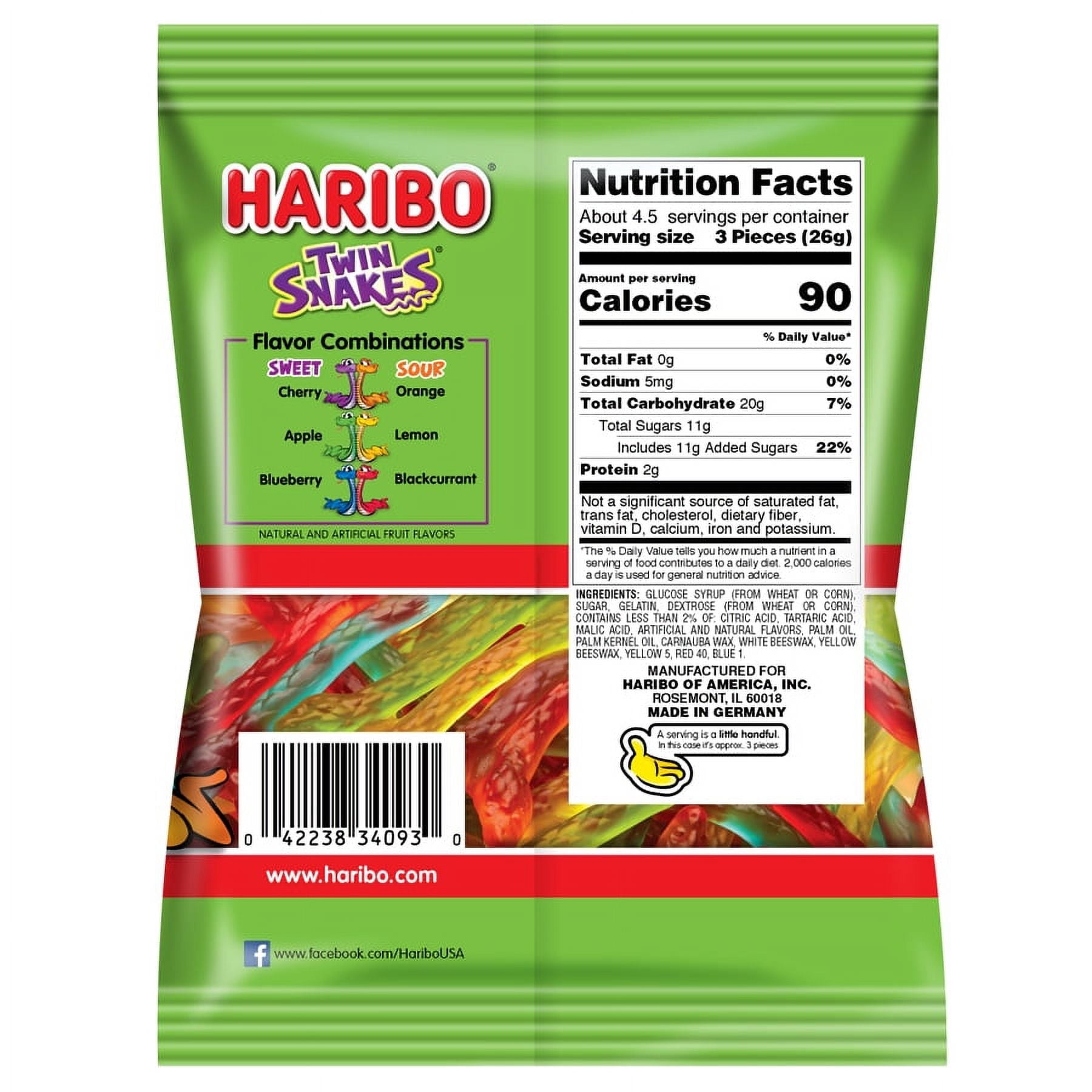 HARIBO Twin Snakes Gummies Original Sweet and Sour Assorted Fruit Flavor Gummy Candy, 4 oz, Share Size Peg Bag