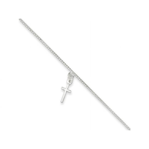 925 Sterling Silver Polished Solid Religious Faith Cross on Box Chain Anklet 10 Inch Spring-Ring-Anklet for Women and Me