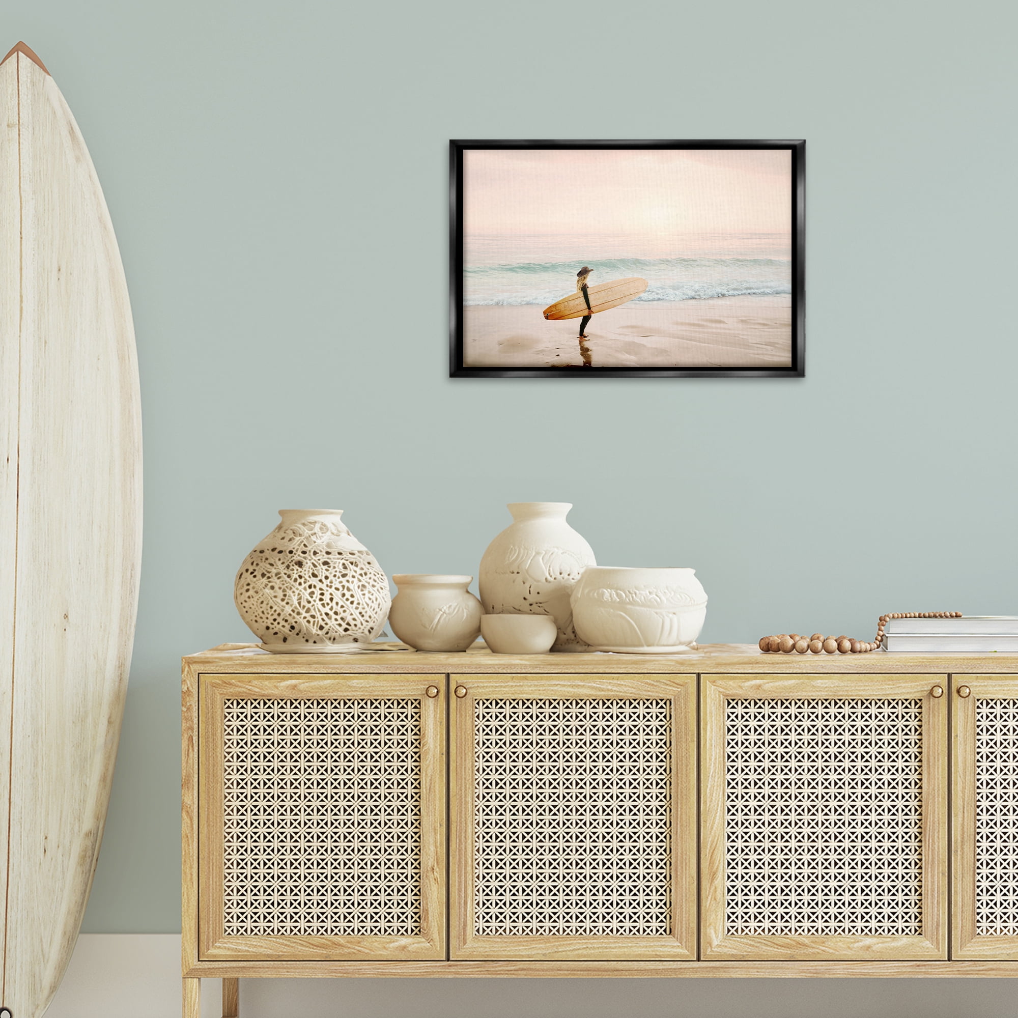 Stupell Industries Surfer Cowgirl on Beach Sports Photography Black Floater Framed Canvas Art Print Wall Art, 25 x 17