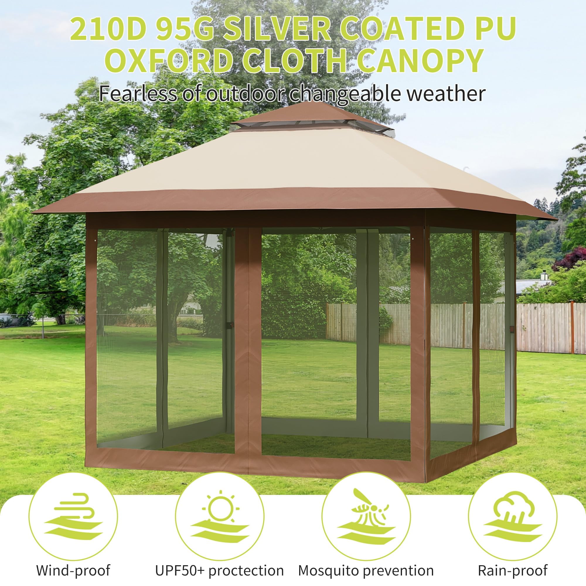 Kojooin 10x10 Pop Up Gazebo, Outdoor Canopy Tent with Mosquito Netting, Pop Up Canopy Tent with Curtains/Adjustable Height/Wheeled Carrying Bag for Patio Garden Backyard Lawn