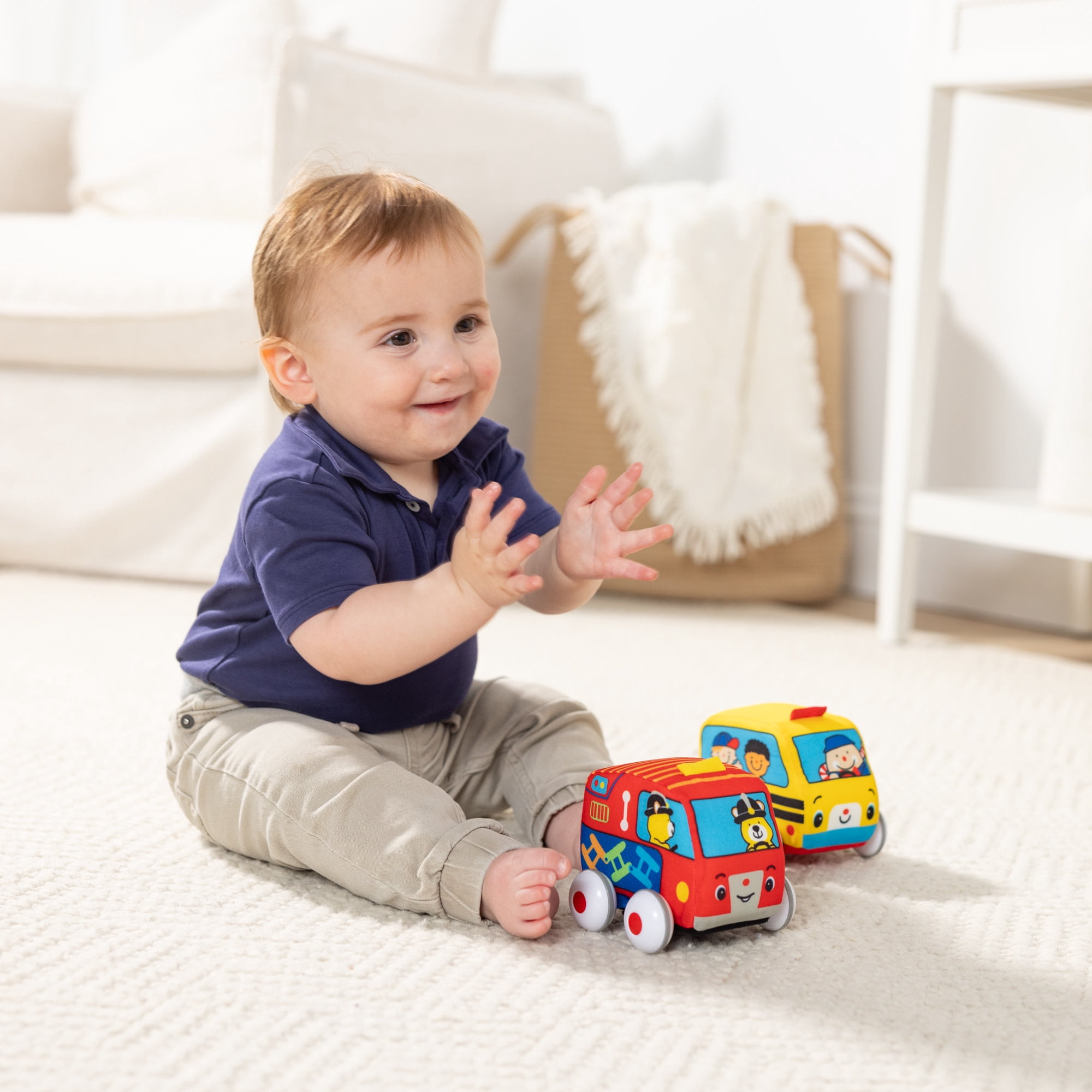 Melissa & Doug K's Kids 2 Pull-Back Vehicles Set - Soft Baby Toy Bus, Fire Engine for Girls, Boys