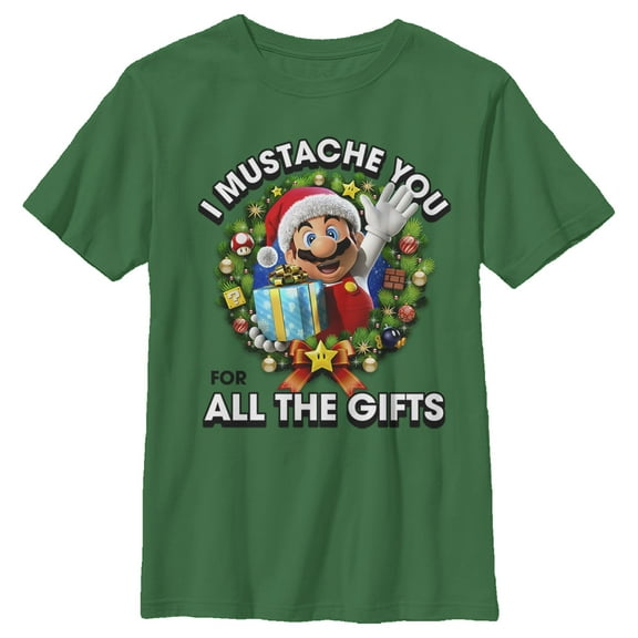 Boy's Nintendo Christmas Super Mario Mustache Graphic Tee Kelly Green X Small