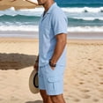 thumbnail image 4 of Ceisia Mens Big & Tall 2 Piece Linen Blend Camp Collar Short Sleeve Shirt and Cargo Drawstring Shorts Set Casual Beach Outfit for Men Summer Sky Blue XXXL Gifts for Father, 4 of 8