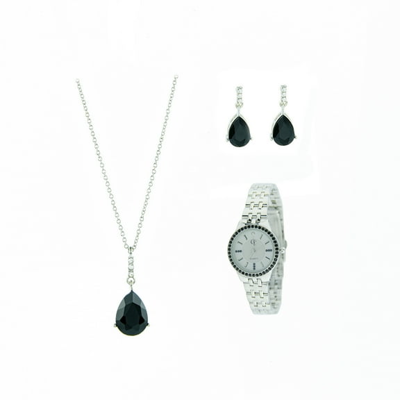 Gold Coast Black Onyx Teardrop Pendant, Necklace, Earrings and Quartz Watch Set