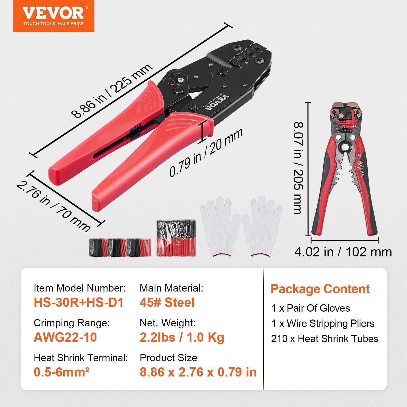Labor-Saving Ratchet Electrical Terminal Crimping Plier Kit for AWG22-10 Insulated Connectors, Includes Wire Stripper & 210pcs Heat Shrink Tubing