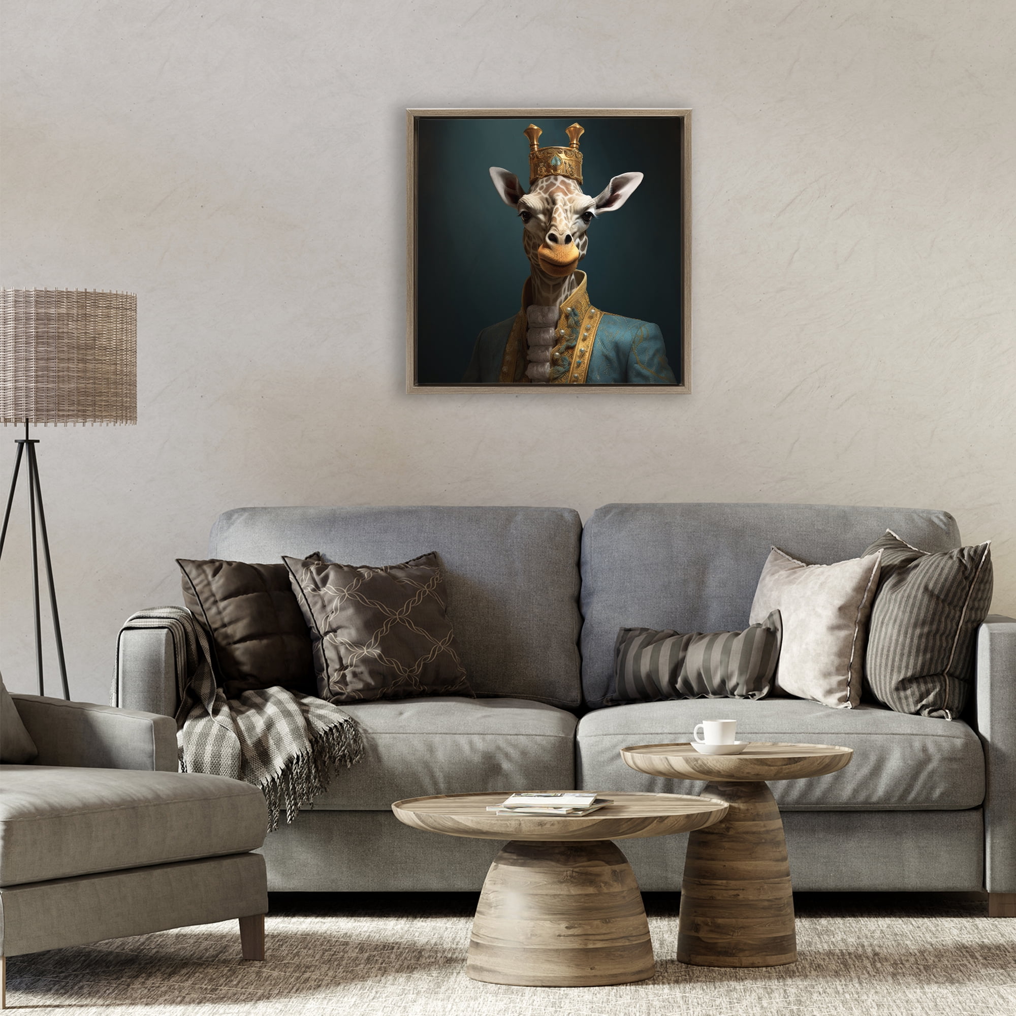 Stupell Industries Giraffe Gaze in Regal Crown Brown Framed Floater Canvas Wall Art, design by Lazar Studio