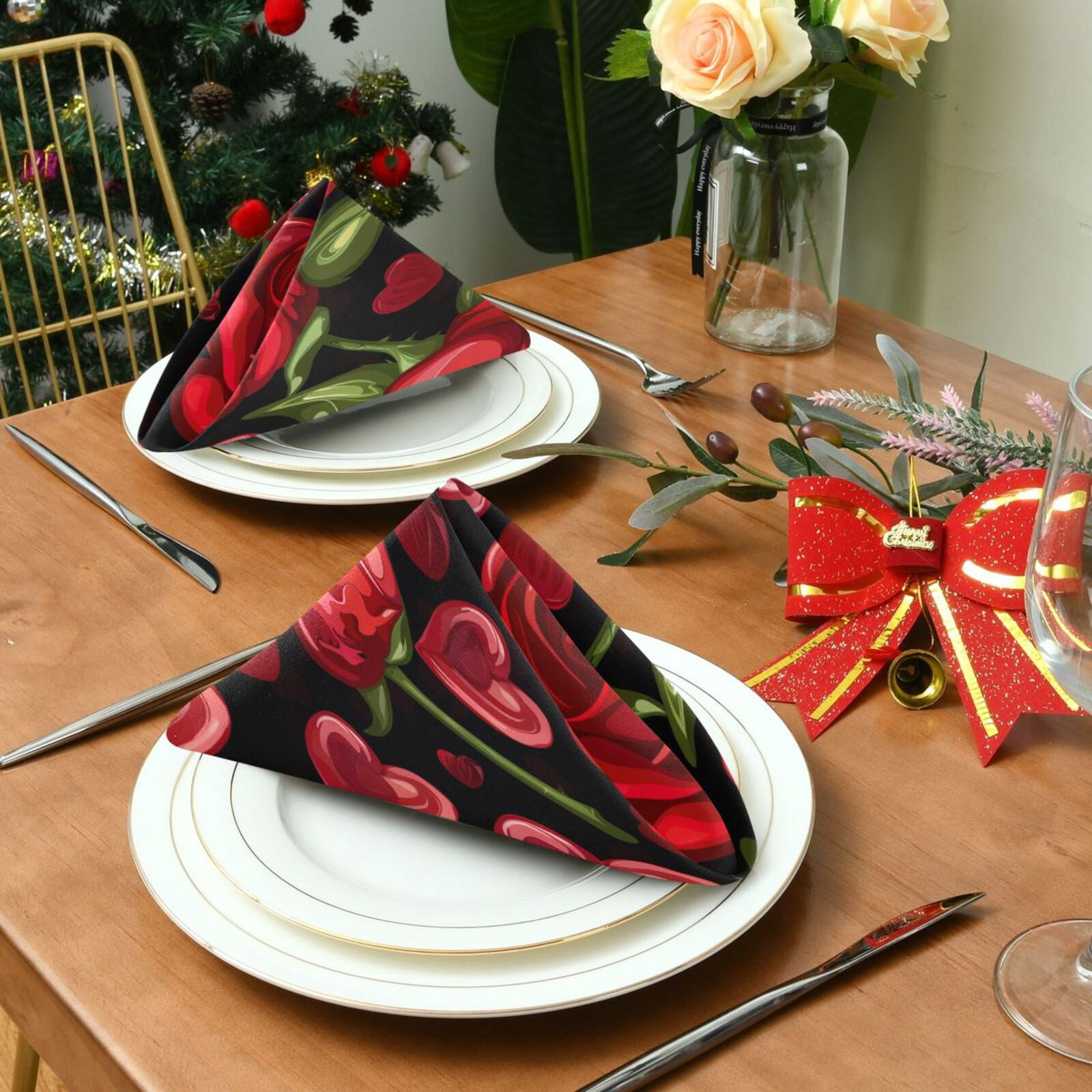 JSTEL Heart Red Rose Flower Cloth Napkins Set of 6, 20x20 Inch Washable and Reusable Napkin for Decoupage Dinner Party Everyday Use