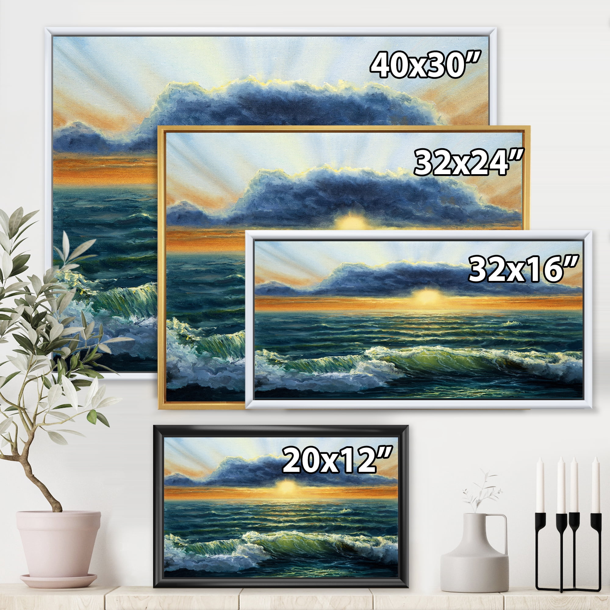 Designart 'The Blue Ocean In Sunset Evening I' Nautical & Coastal Framed Canvas Wall Art Print