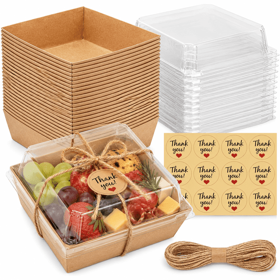 50 Pack Mini Charcuterie Boxes with Clear Lids, 5 Inch Kraft Dessert Boxes with Stickers and Twine, Disposable Food Containers for Cookies, Cake, Snacks, Fruit and Party Favors