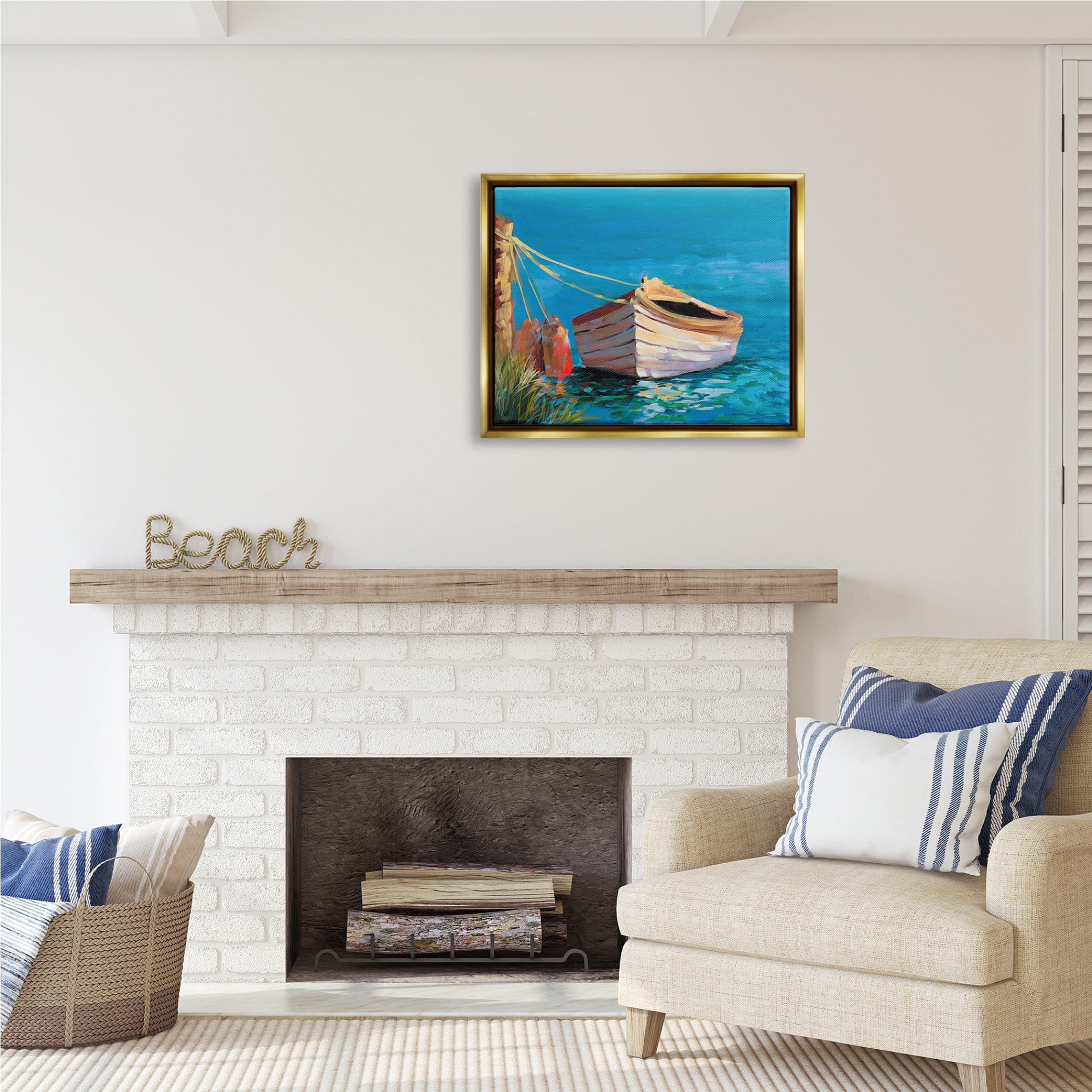 Stupell Industries Docked Boat in Lake Transportation Painting Gold Floater Framed Art Print Wall Art, 31 x 25