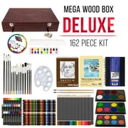 U.S. Art Supply 162-Piece Deluxe Mega Wood Box Art Painting and Drawing Set Artist Painting Pad, 2 Sketch Pads, 24 Watercolor Paint Colors, 24 Oil Pastels, 24 Colored Pencils, 60 Crayons, 2 Brushes